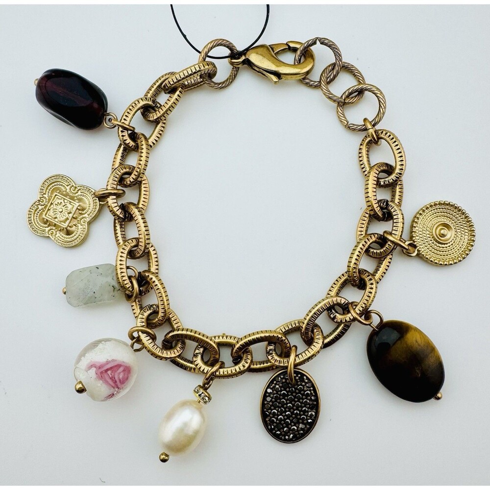 Chico’s Gold Tone Charm Bracelet Tiger Eye Pearl Quartz 6.5–8” New With Tags
